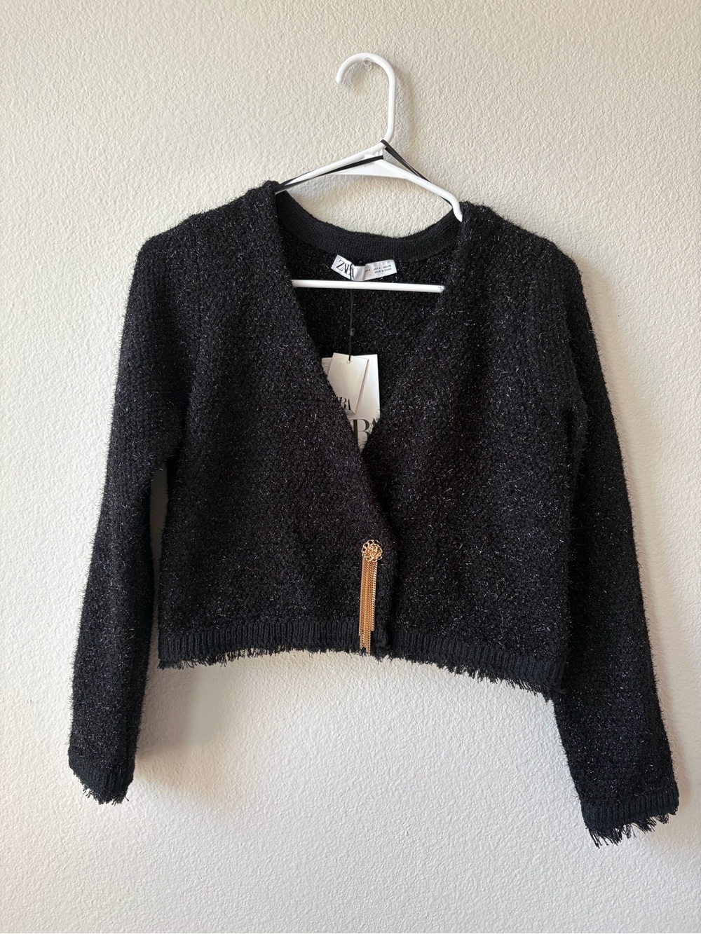 Zara Black Cropped V-Neck Knit Cardigan with Gold Tassel Accent
